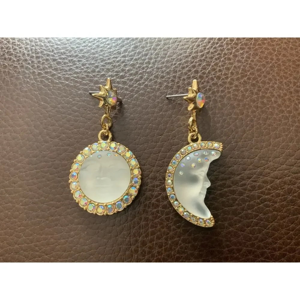 Sun Moon Star Earrings Face Mismatch Gold Deco Celestial Glass CZ Asymmetric
